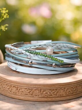 New Sky Blue Pearl Leather Wrap Bracelet Magnetic Clasp , Cuff with Crystals